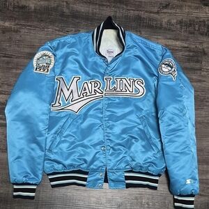 STARTER Aqua Satin Marlins Bomber Jacket